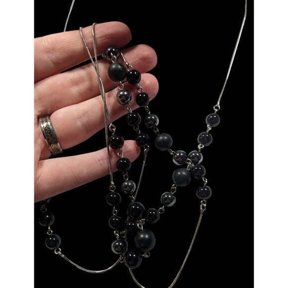 Elegant Opera Station Necklace Black Beads On Silver Tone Snake Chain - Picture 6 of 7